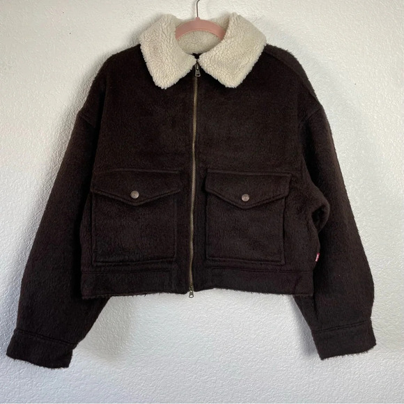 NWT Levis Cropped Wool Blend Trucker Jacket Chocolate Brown and Cream Size Large - Picture 1 of 15